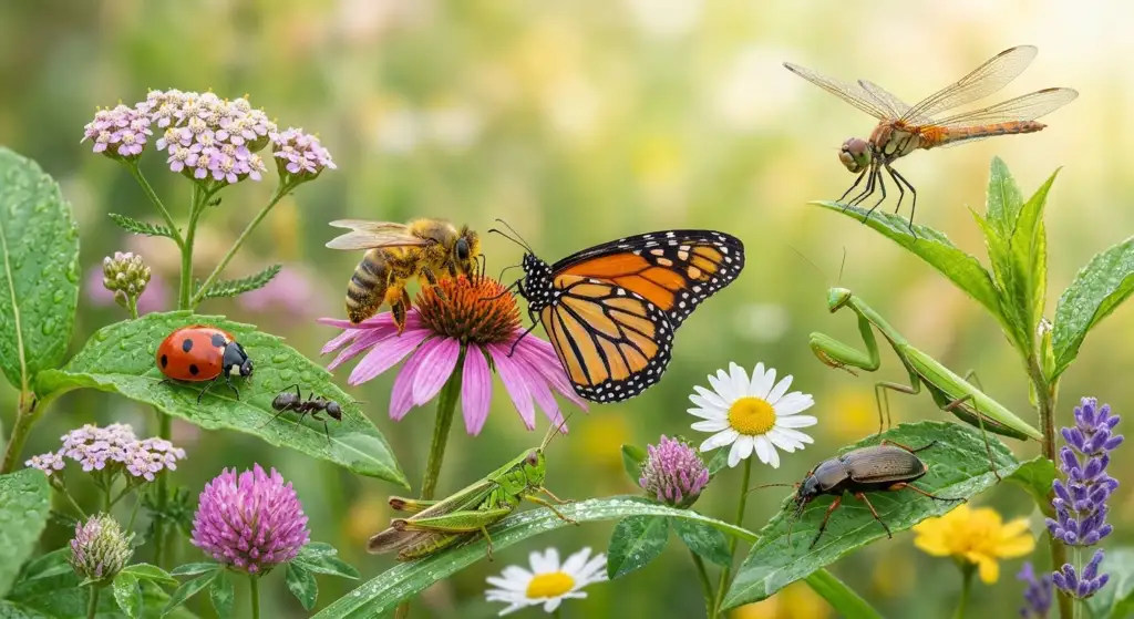 Common insects including a bee, butterfly, ladybug, dragonfly, ant, beetle, and grasshopper for bug identification guide.