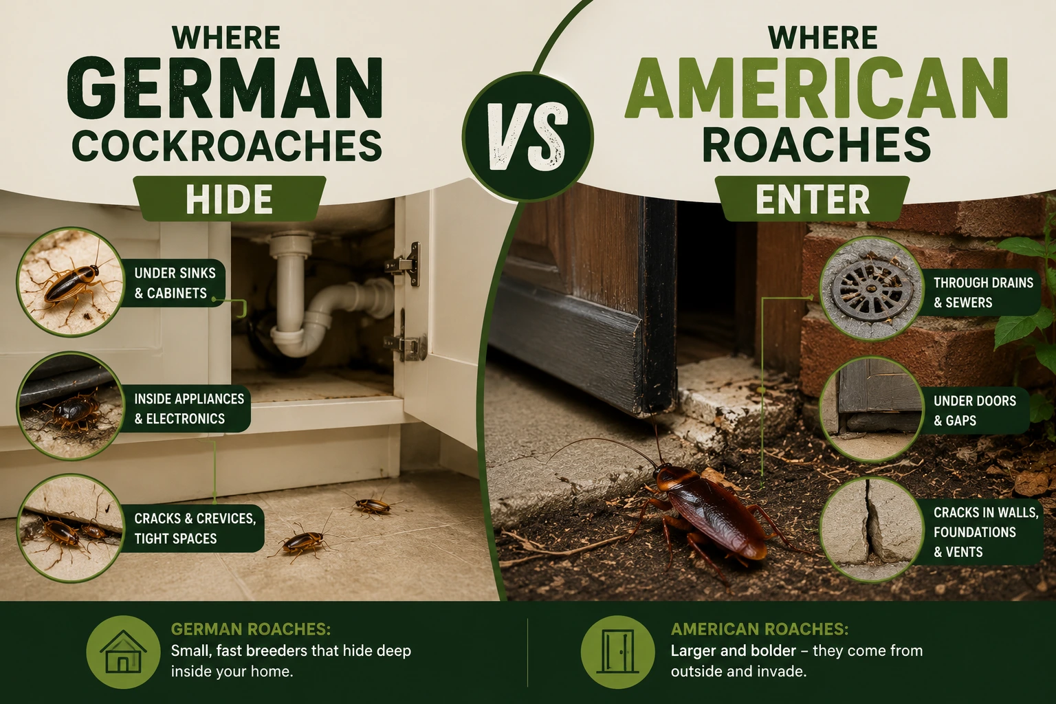 Where German Cockroaches Hide vs Where American Roaches Enter